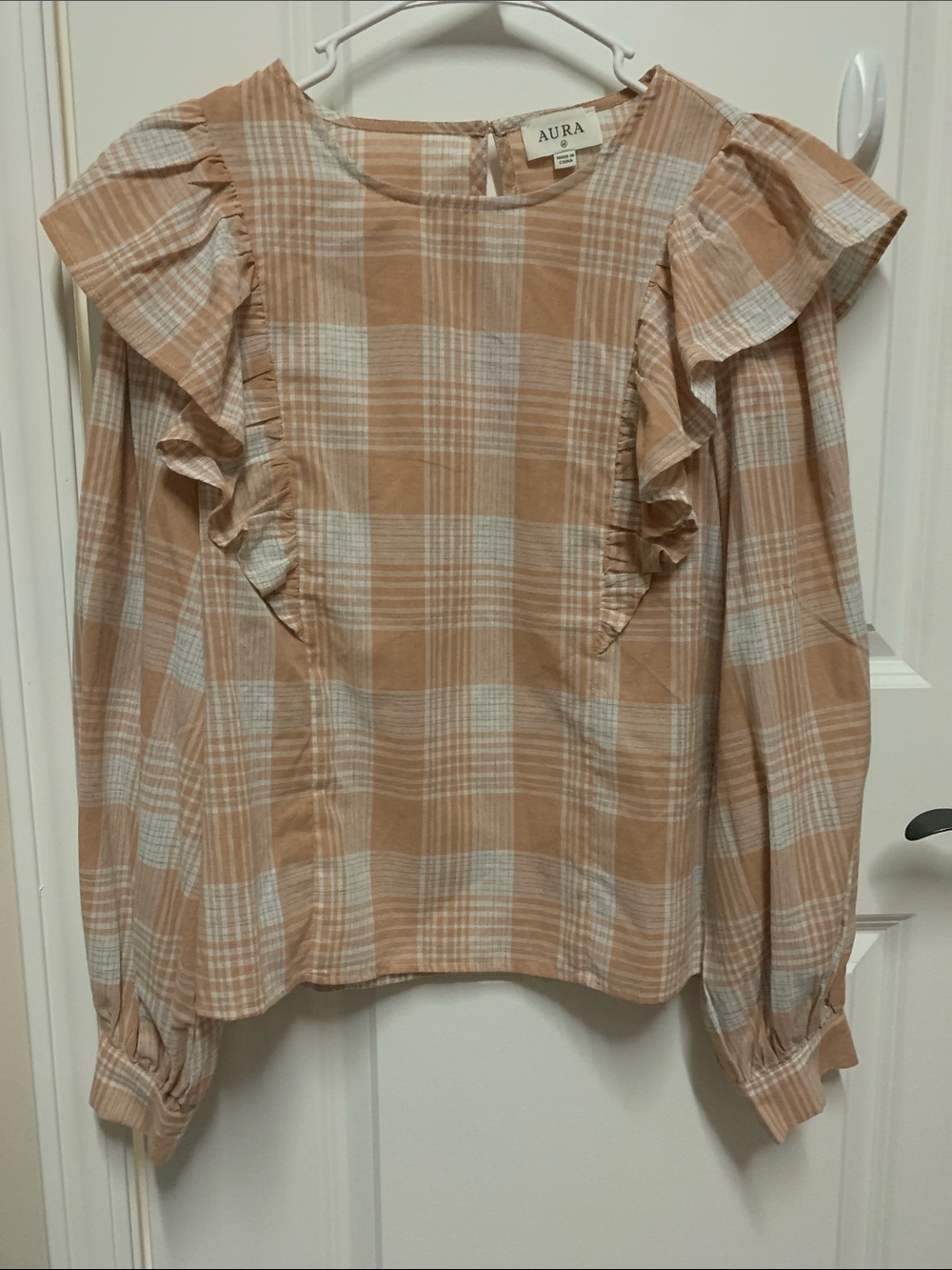 Aura Peach and Cream Plaid Ruffle Long-Sleeve Blouse